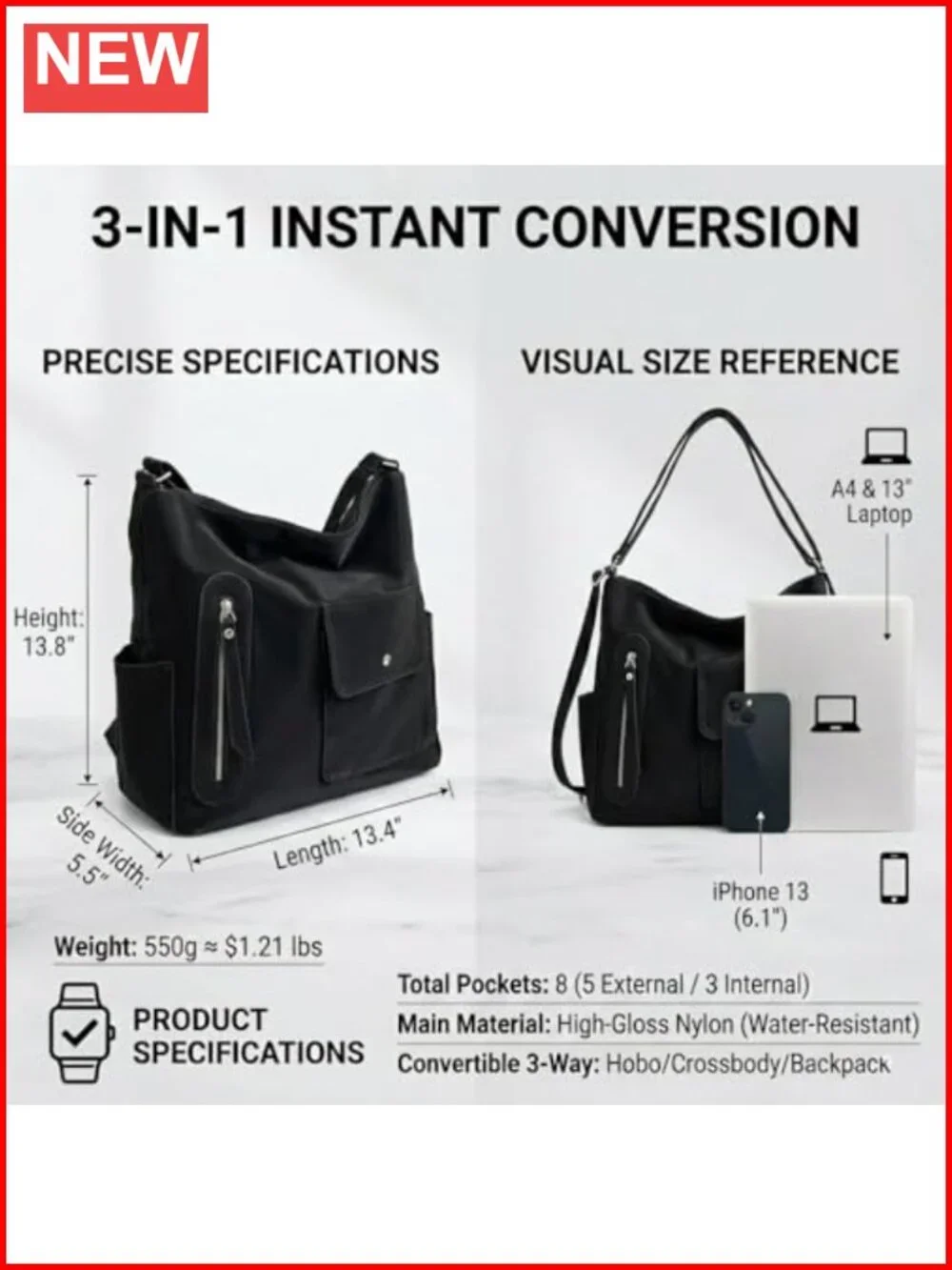 3-in-1 Convertible Backpack Hobo Shoulder Bag Waterproof PU-Coated Nylon Fits